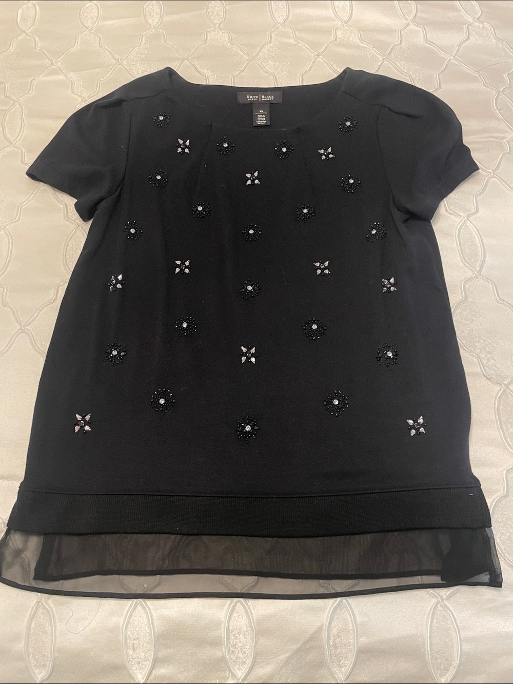 White House Black Market Black Embellished Short-Sleeve Blouse